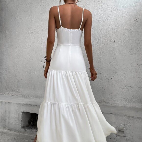 White Boho Womens Twist Front Cut Out Ruffle Hem Maxi Cami Dress - Picture 3 of 5